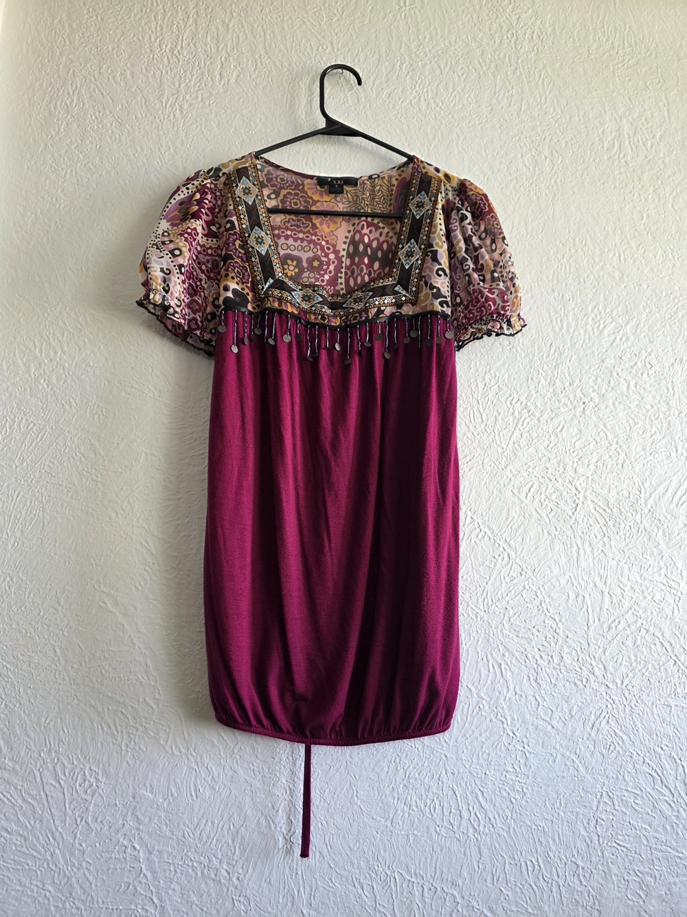 Whimsigoth Magenta Boho Beaded Empire Waist Blouse